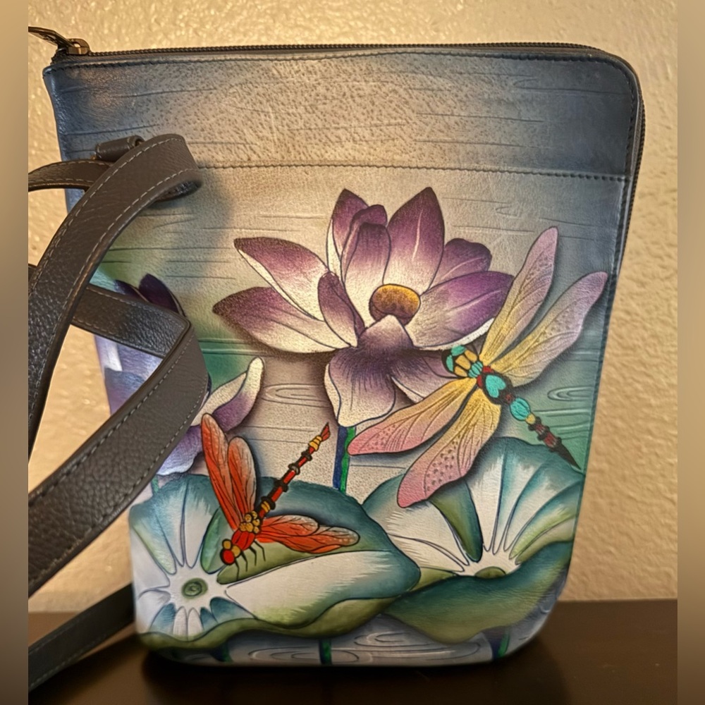 Anuschka Tranquil Pond Hand-Painted Leather Crossbody Bag Floral Dragonfly Purse - Picture 3 of 7